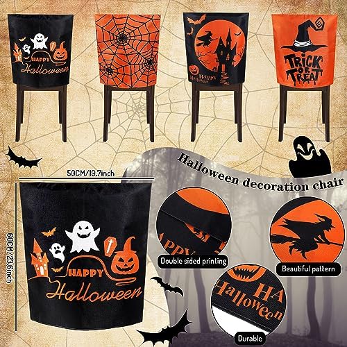 Whaline 4 Pack Happy Halloween Chair Covers Spooky Chair Back Covers Halloween Ghost Witch Bat Dining Room Seat Covers Orange Black Chair Slipcovers for Home Dining Room Kitchen Halloween Party