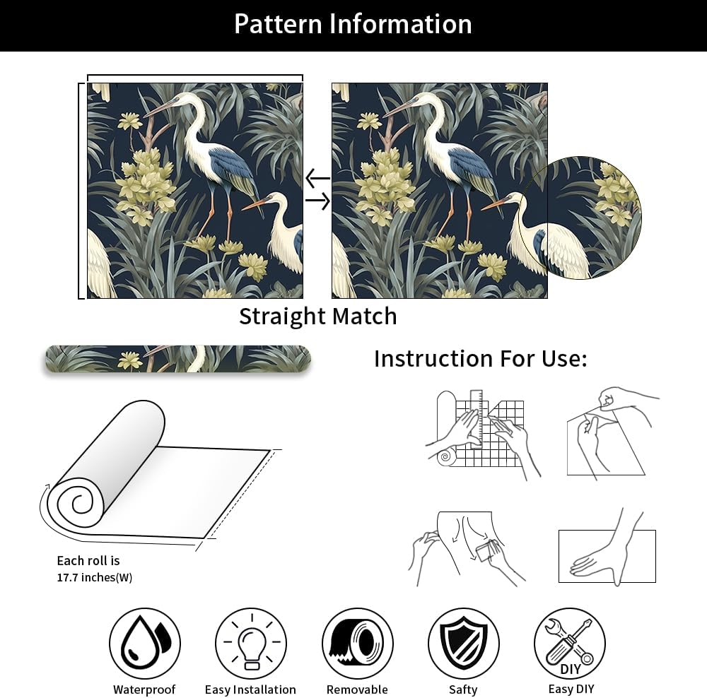 Abstract Modern Crane Birds Tropical Plants Peel and Stick Wallpaper Vintage Wall Paper Stick