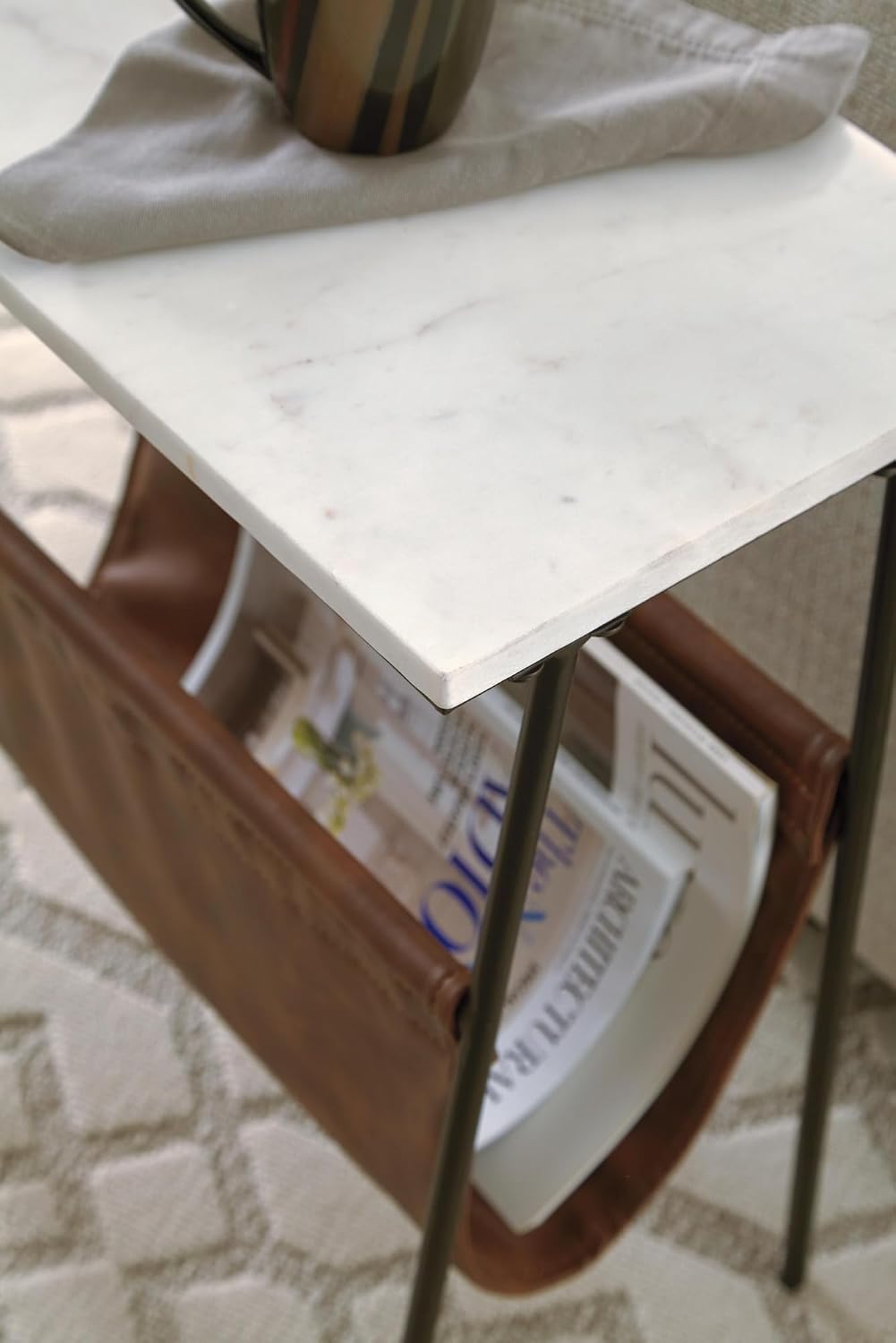 Signature Design by Ashley Marble End Table with Magazine Holder, Etanbury | Genuine white marble top, Brown faux