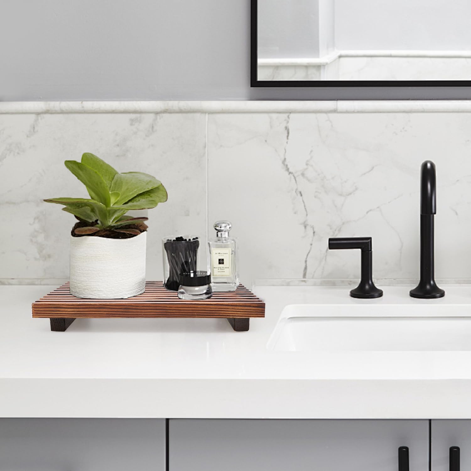 Farmhouse Bathroom Counter Tray Wood Display Pedesta Stand Kitchen Countertop / 12 x 6.7 / Brown