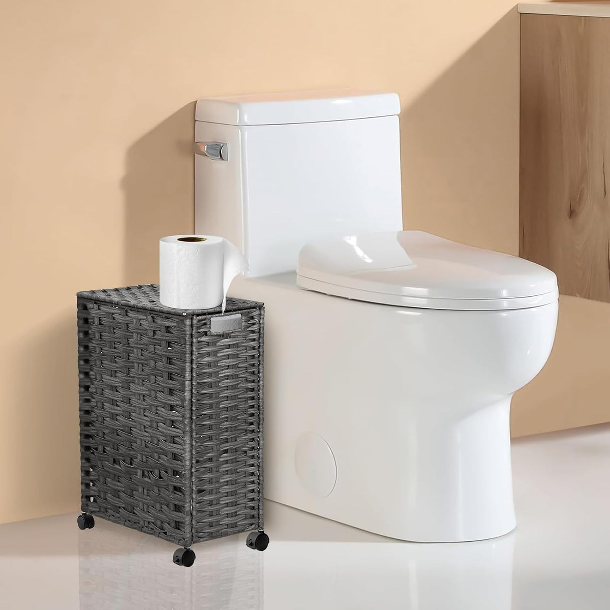 Hiagnete Toilet Paper Storage Basket with Lid and Wheels, Rattan Toilet Paper Holder Storage, Toilet Paper Organizer