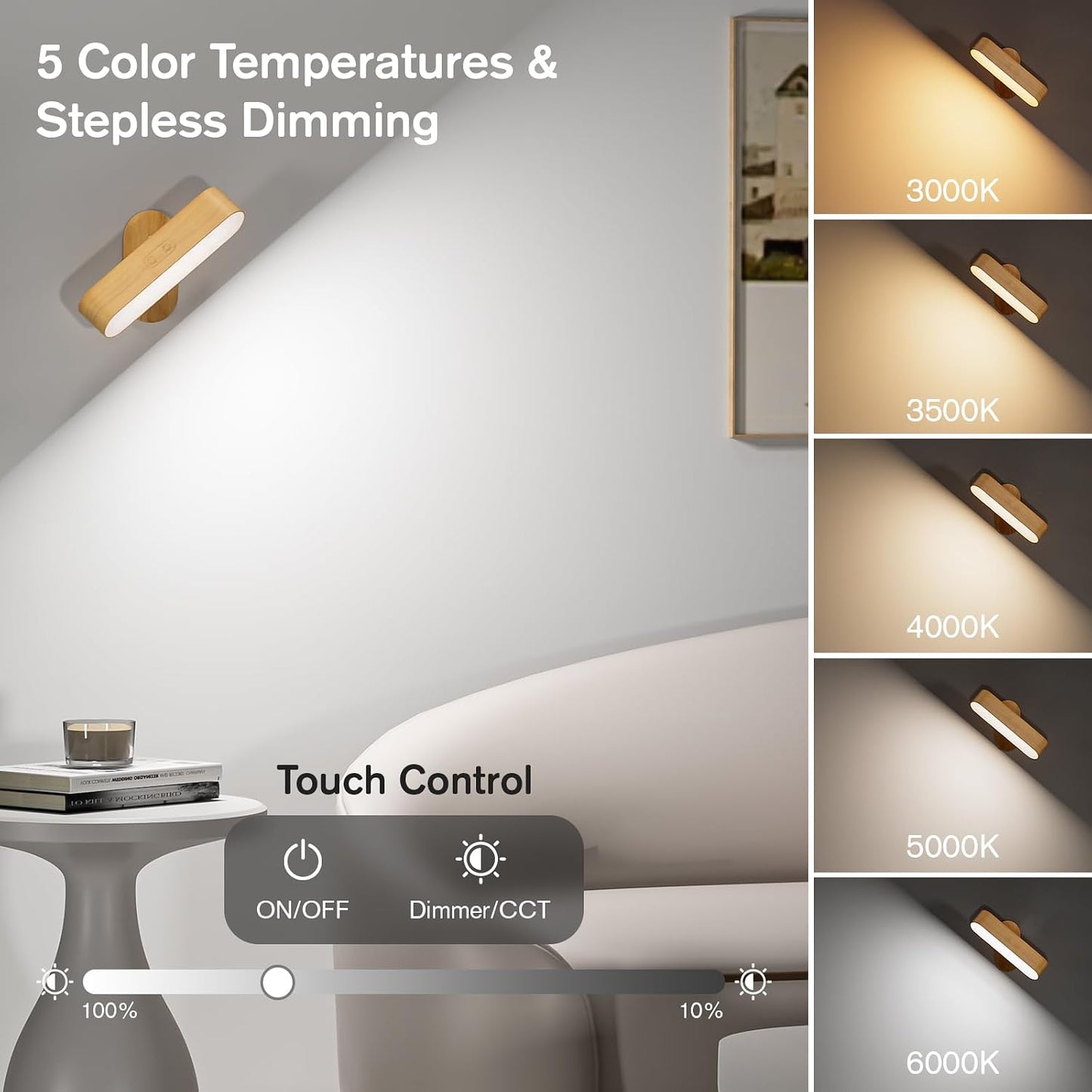 Battery Operated Wall Sconces Rechargeable & Cordless | 5 Color Temps & Dimmable Touch Control, 360°Rotating Magnetic