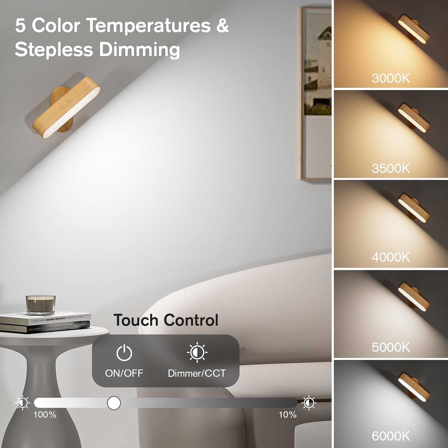 Battery Operated Wall Sconces Set of 2, Rechargeable & Cordless | 5 Color Temps & Dimmable Touch Control, 360°Rotating