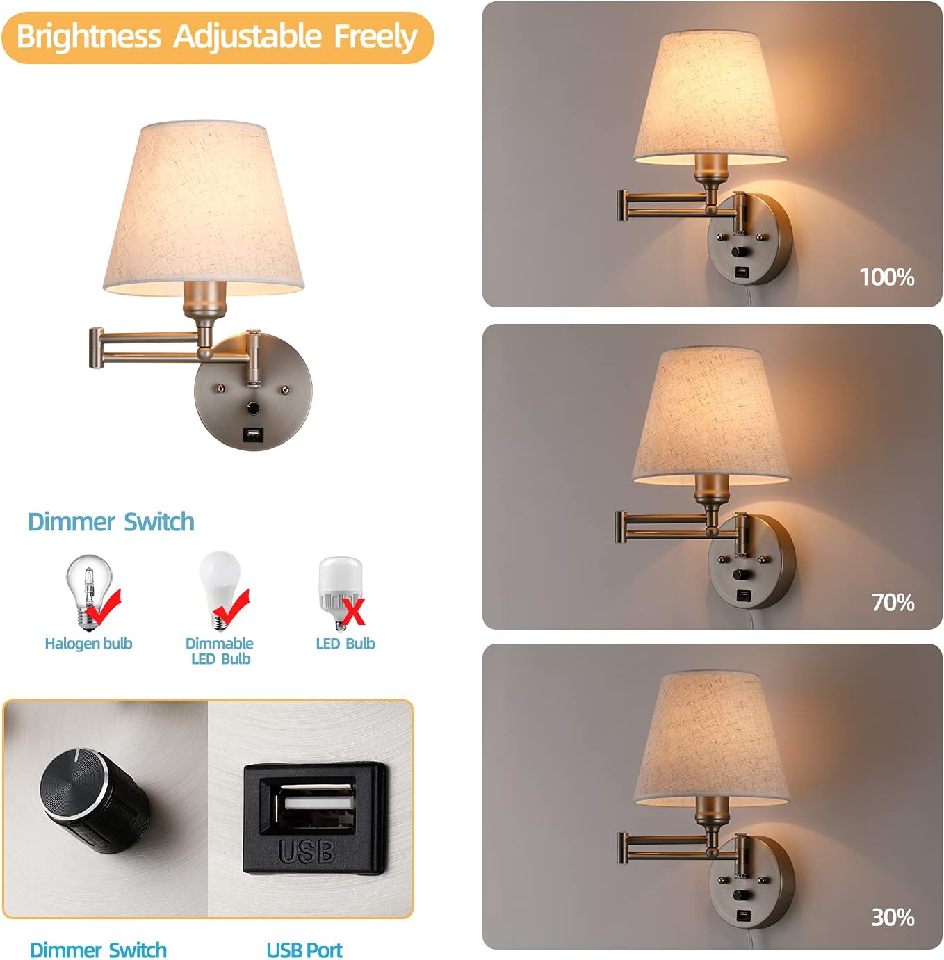 Swing Arm Wall Lamp Wall Mount Lamp with Cord Plug in Wall Sconce Lighting with Dimmable On Off Switch Wall Light with