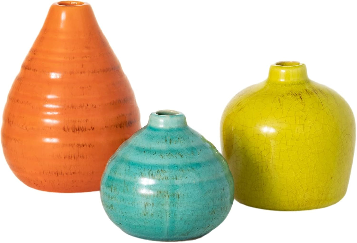 Ceramic Vase Set- 3 Small Vases / Aqua, Orange, Green / Set of 3