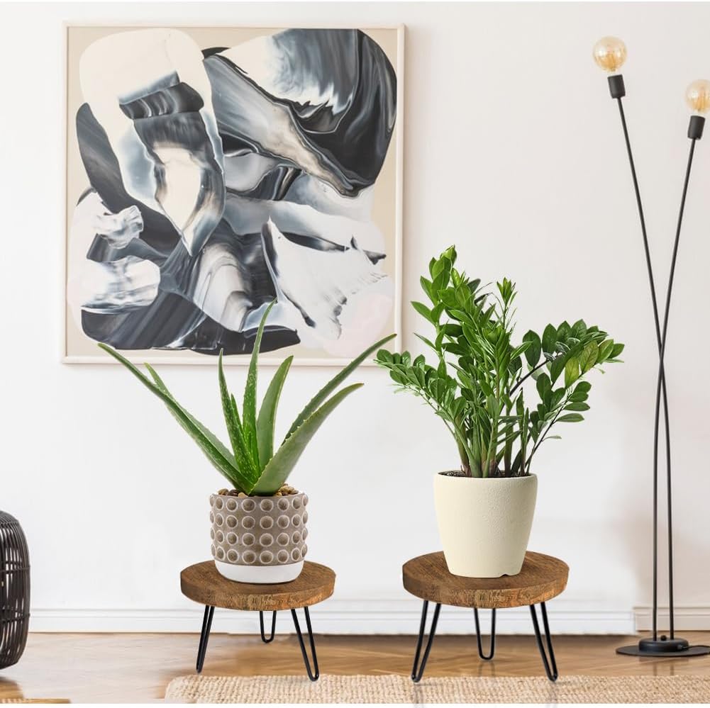 OBTAIN Plant Stand Indoor Outdoor Wood Mid Century Plant Stand for Indoor Plants, Modern Plant Table Round Plant Stool