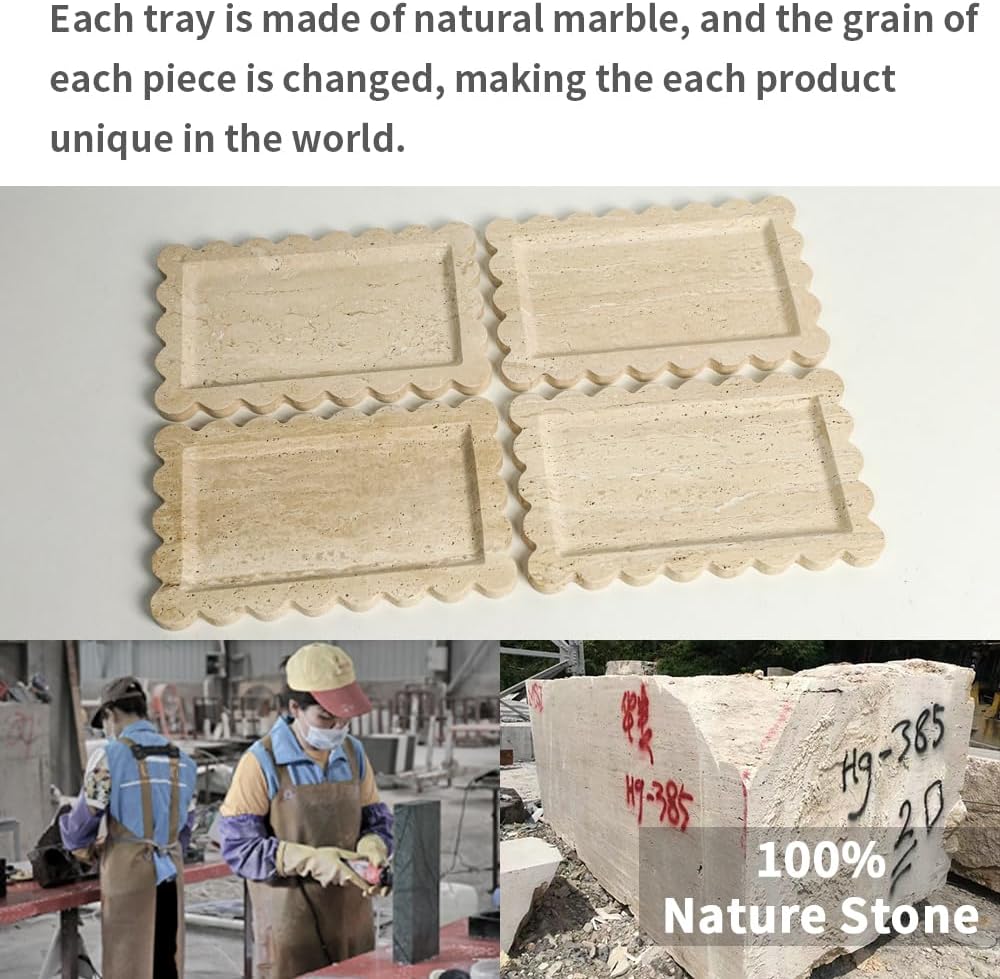 Natural 100% Marble Vanity Tray Scalloped Marble / Rectangle-beige Travertine / 11.8 x 7.4 x 0.7