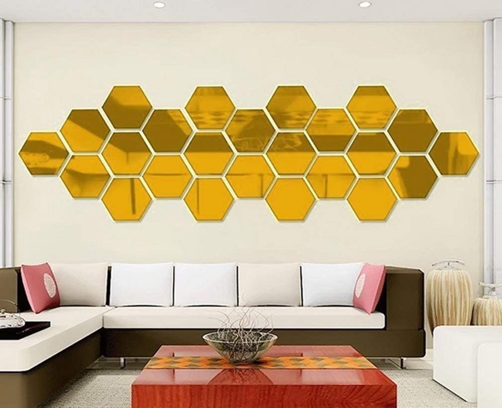 Hexagon Art DIY Decorative Acrylic Sheet Plastic Tiles Home Living Room Bedroom / Gold / Set of 12