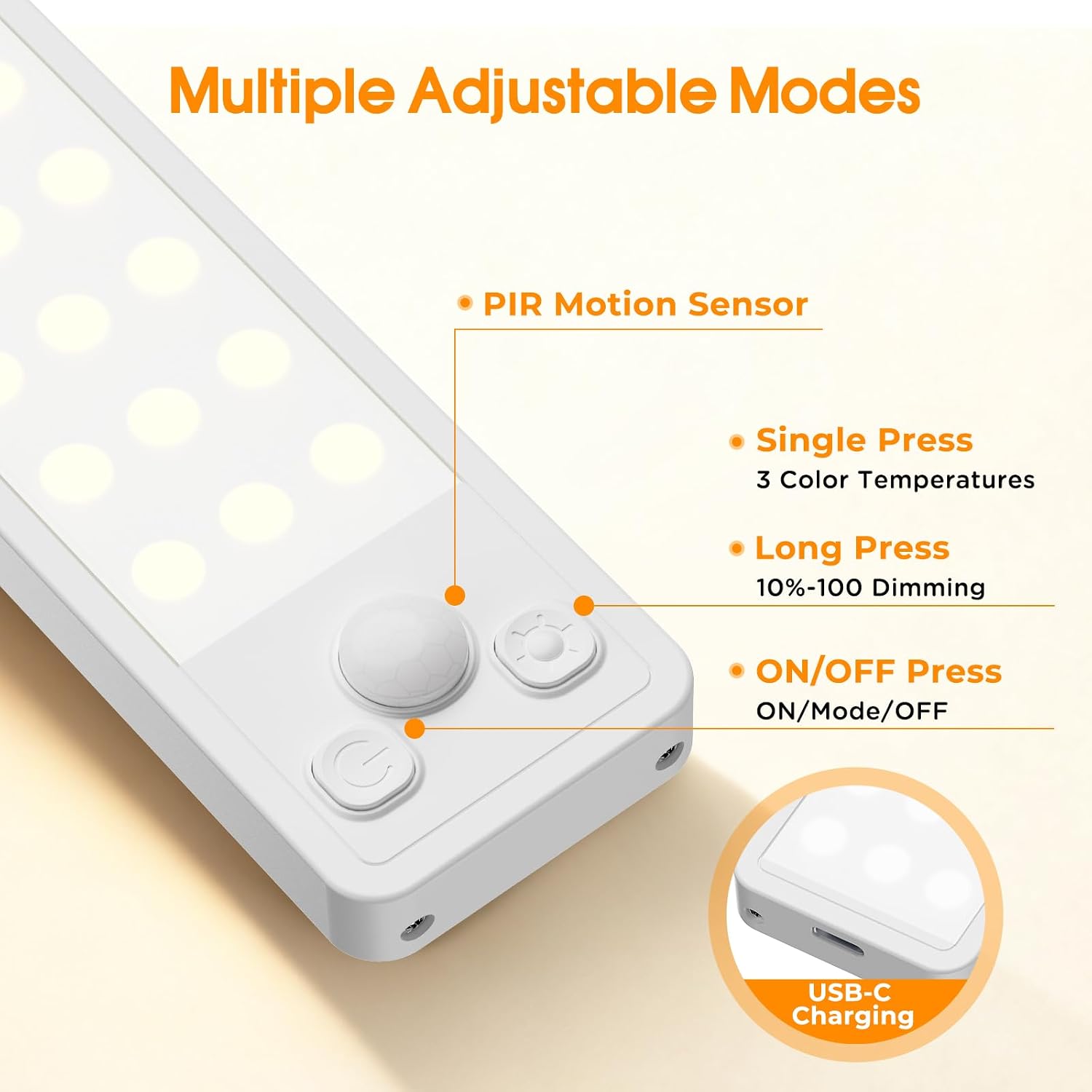 Under Cabinet Rechargeable Dimmable Lighting: 3 Color Temperature Motion Sensor Lights Indoor - Battery Operated Lights