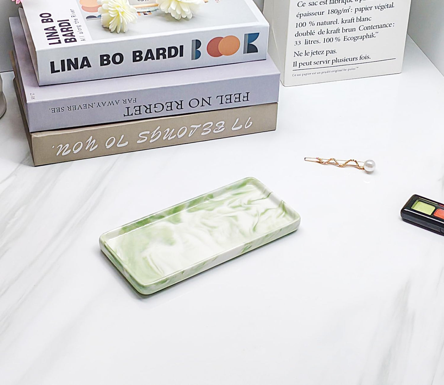 Tiny Ceramic Countertop and Vanity Tray for Cosmetics / 6.4 x 3 x 0.5 / Green