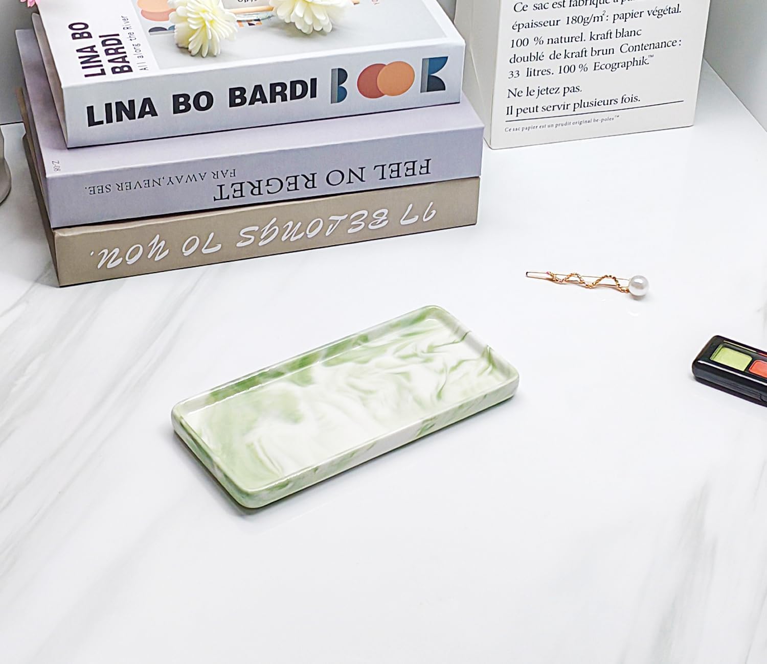 Tiny Ceramic Countertop and Vanity Tray for Cosmetics / 6.4 x 3 x 0.5 / Green