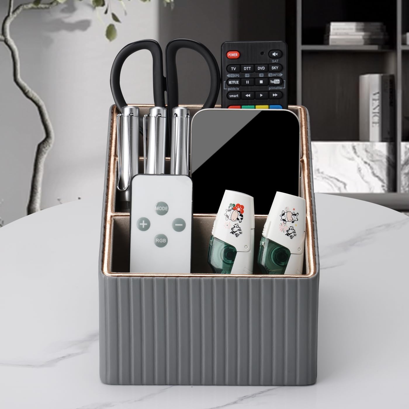 3 Slot PU Leather Remote Controller Holder / Gray