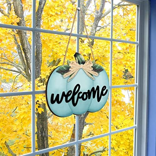 Jetec Fall Door Decor, Wooden Fall Pumpkin Welcome Sign Hanger, Dusty Blue