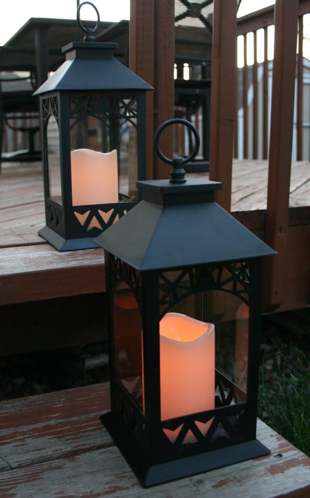 Black LED Lantern Set of 2 with Lattice Design & Pillar Candles – Lighted Decorative Lanterns with 4 Hour Timer –