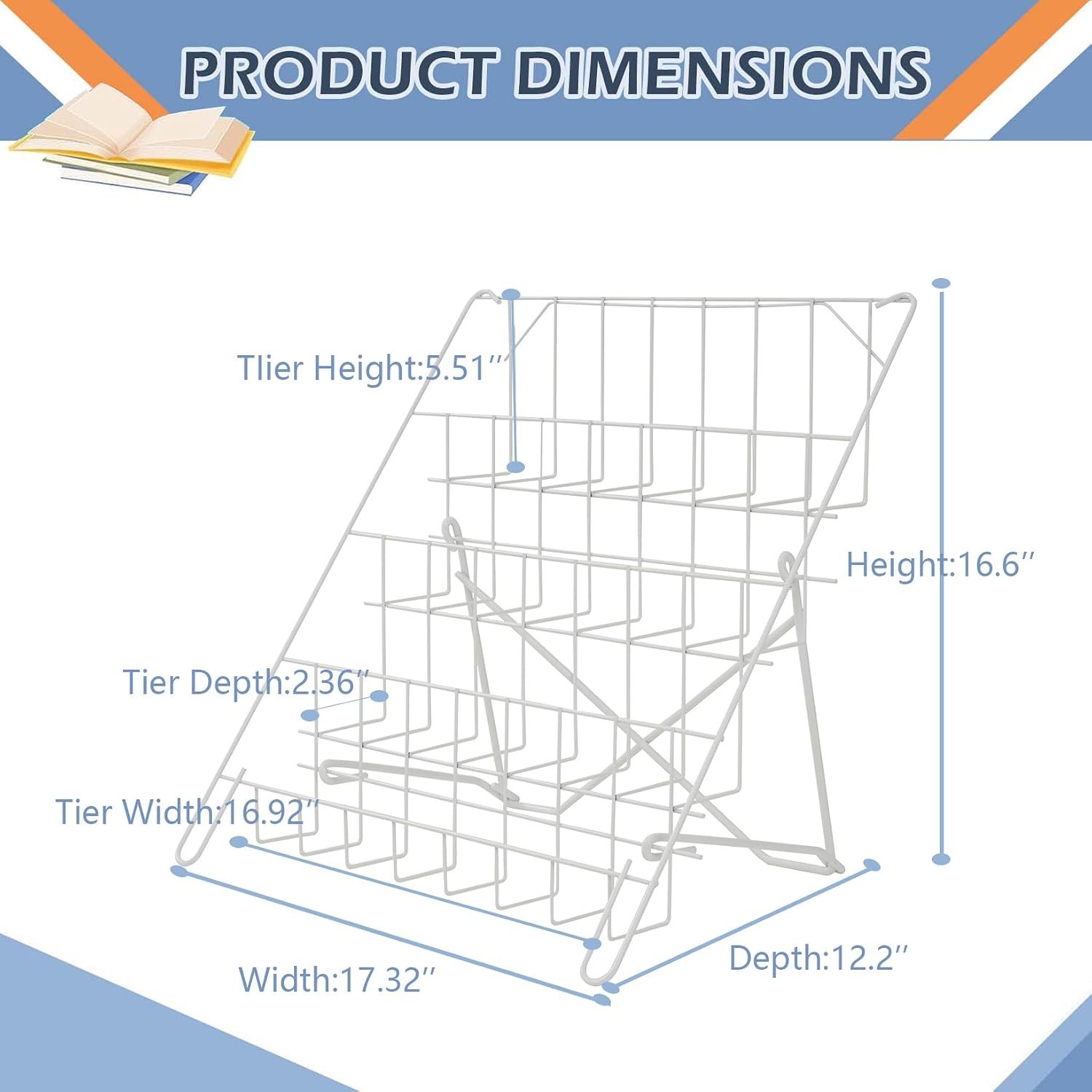 Wire Magazine Rack with 4 Open Tiers, Holds Both Magazines and Brochures, Includes Sign Channel at the Front - White