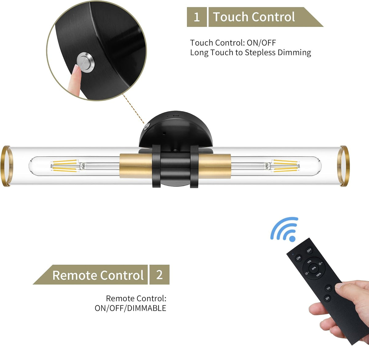 Rayogale Black & Gold Wireless Battery Operated Wall Sconces with Remote | Glass Rechargeable Wall Lights Set of 2 with