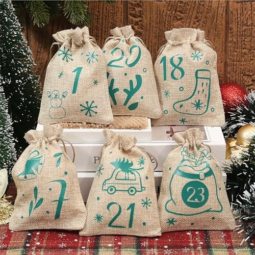 24PCS Christmas Advent Calendar Bags, 3.9x5.9 Inches Christmas Countdown Burlap Bags, Reusable Drawstring Gift Bags for Candy, Snacks, DIY Crafts, Holiday Party Favors