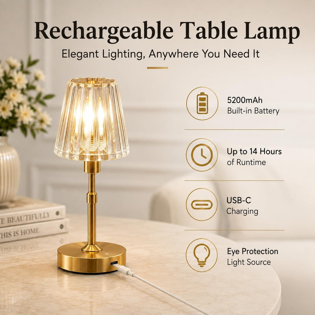 Small Cordless Rechargeable Touch Table Lamp, Gold | 5200mAh USB-C, Dimmable Warm Crystal Light, Portable Decor for