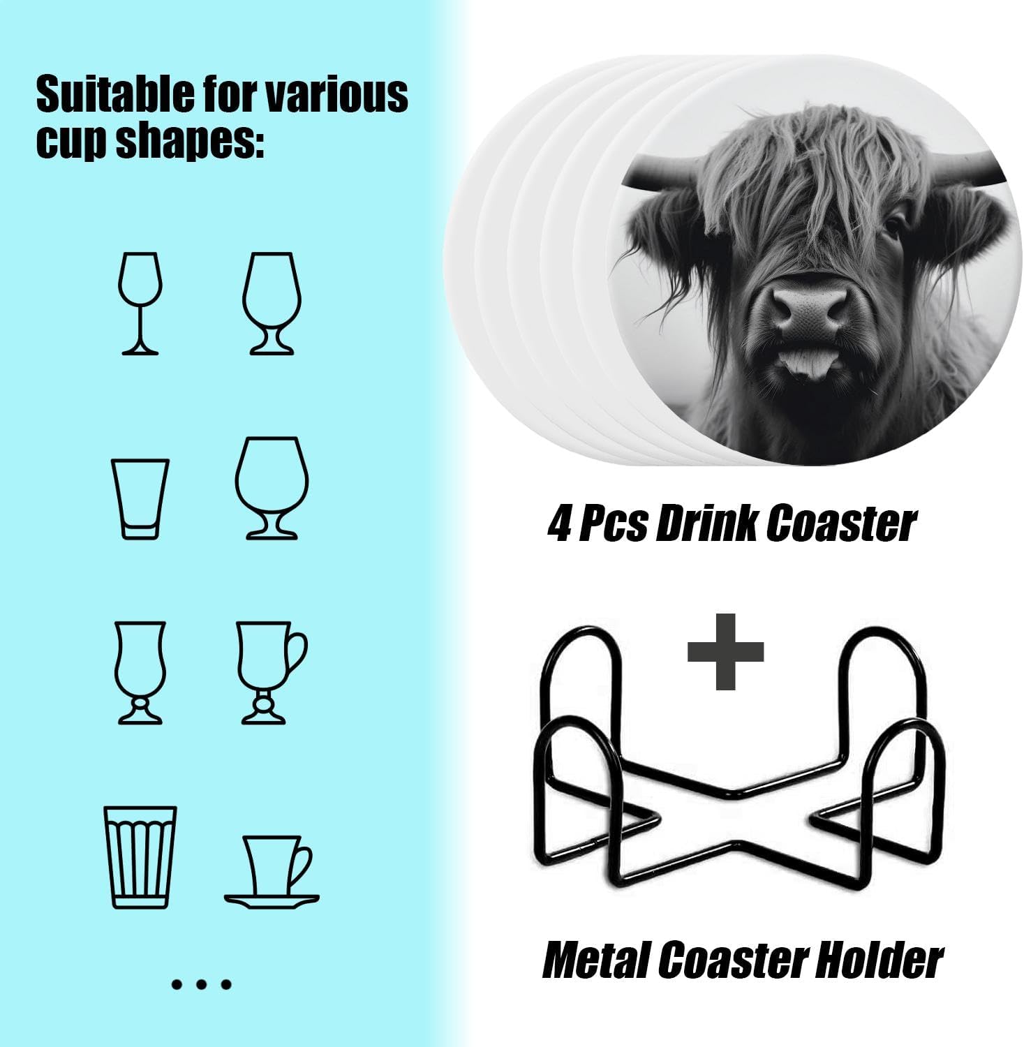 Holder / Ceramic Drink Coasters / 4 Inch / Elegant Cow / Black