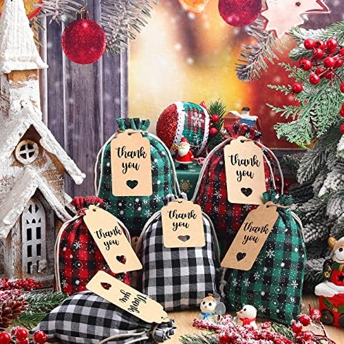 Shappy 24 Pcs Christmas Drawstring Gift Bags Xmas Buffalo Plaid Burlap Advent Bags 7 x 5 Inches Linen Treat Candy Bag with 32.8 ft Rope 24 Card(Assorted Color)