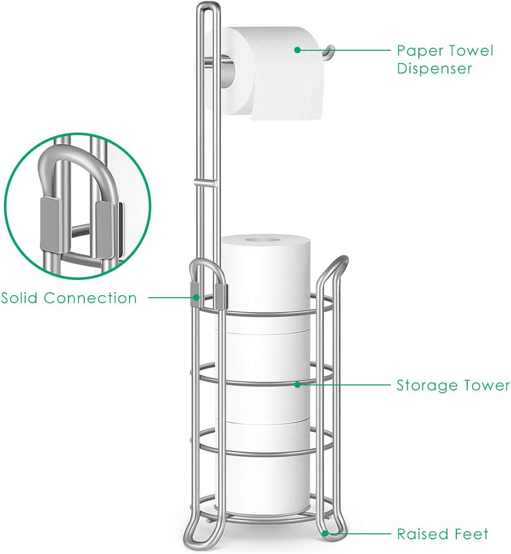 TomCare Toilet Paper Holder Stand Free Standing, Holds 4 Mega Rolls, Silver | Tool-Free Assembly, Detachable Metal Wire