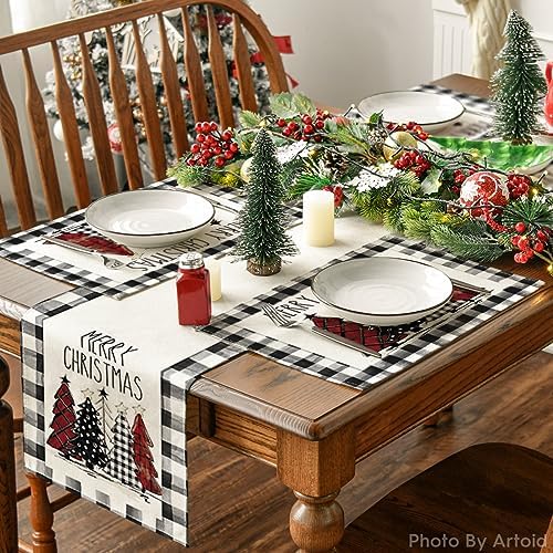 Artoid Mode Waterclor Buffalo Plaid Christmas Trees Placemats Set of 4, 12x18 Inch Winter Table Mats for Outdoor Home Party Kitchen Dining Decor