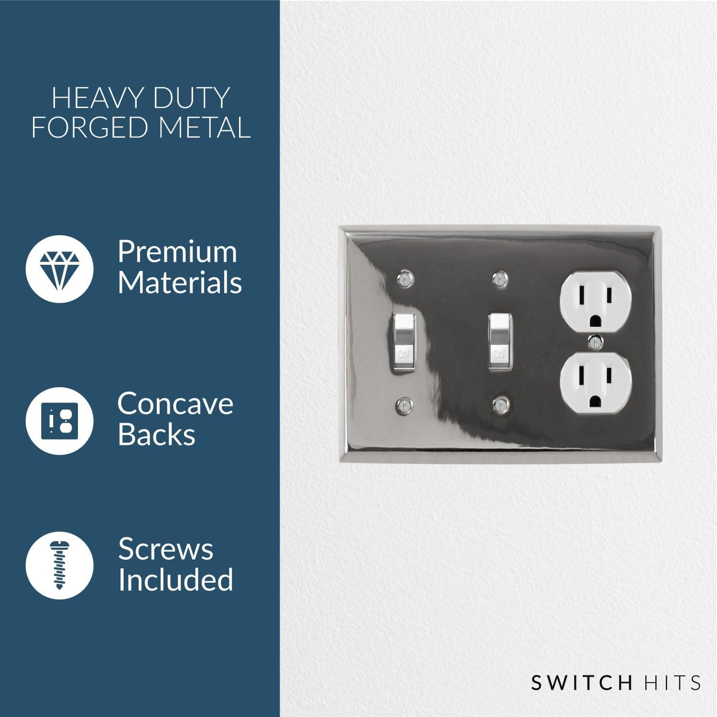 Polished Nickel Outlet Wall Plate | 2 Toggle - 1 Duplex | 6.25" x 4.5" | Hand-Polished Brass Construction | Electrical
