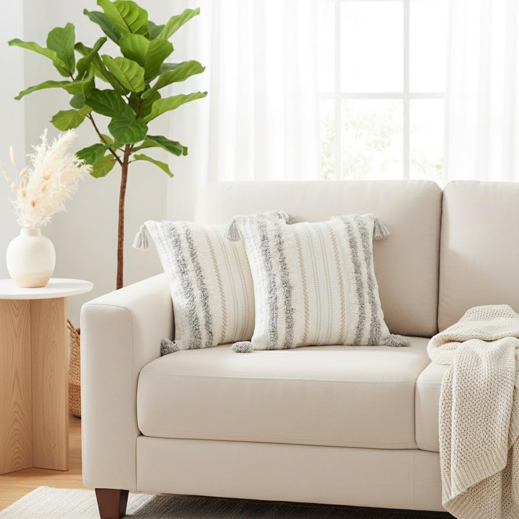 Summer Decorative Boho Throw Pillow Covers / 18 x 18 / Light Grey and Cream White / Set of 2