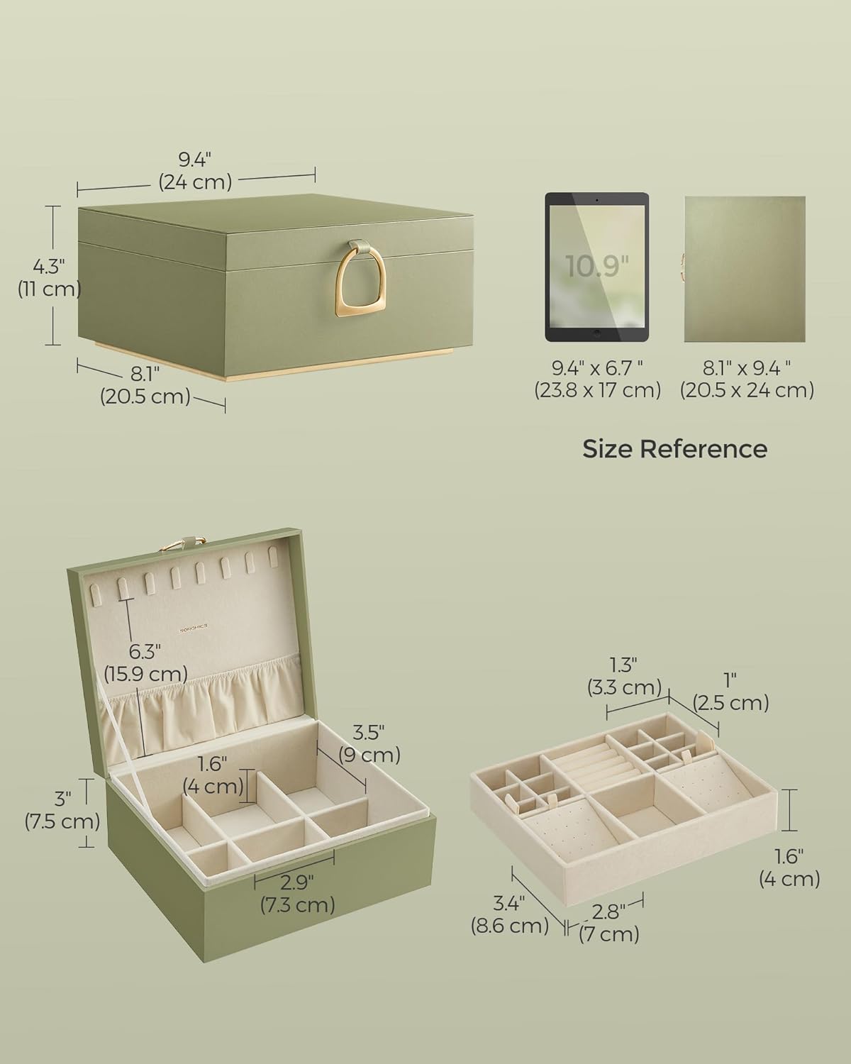 Jewelry Organizer / Removable Jewelry Tray / Sage Green