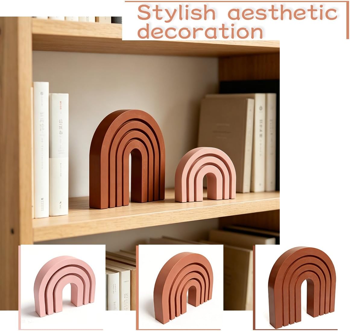 Modern Wooden Rainbow Arch Shelf Table Mantel Bookends / Pink / Set of 3