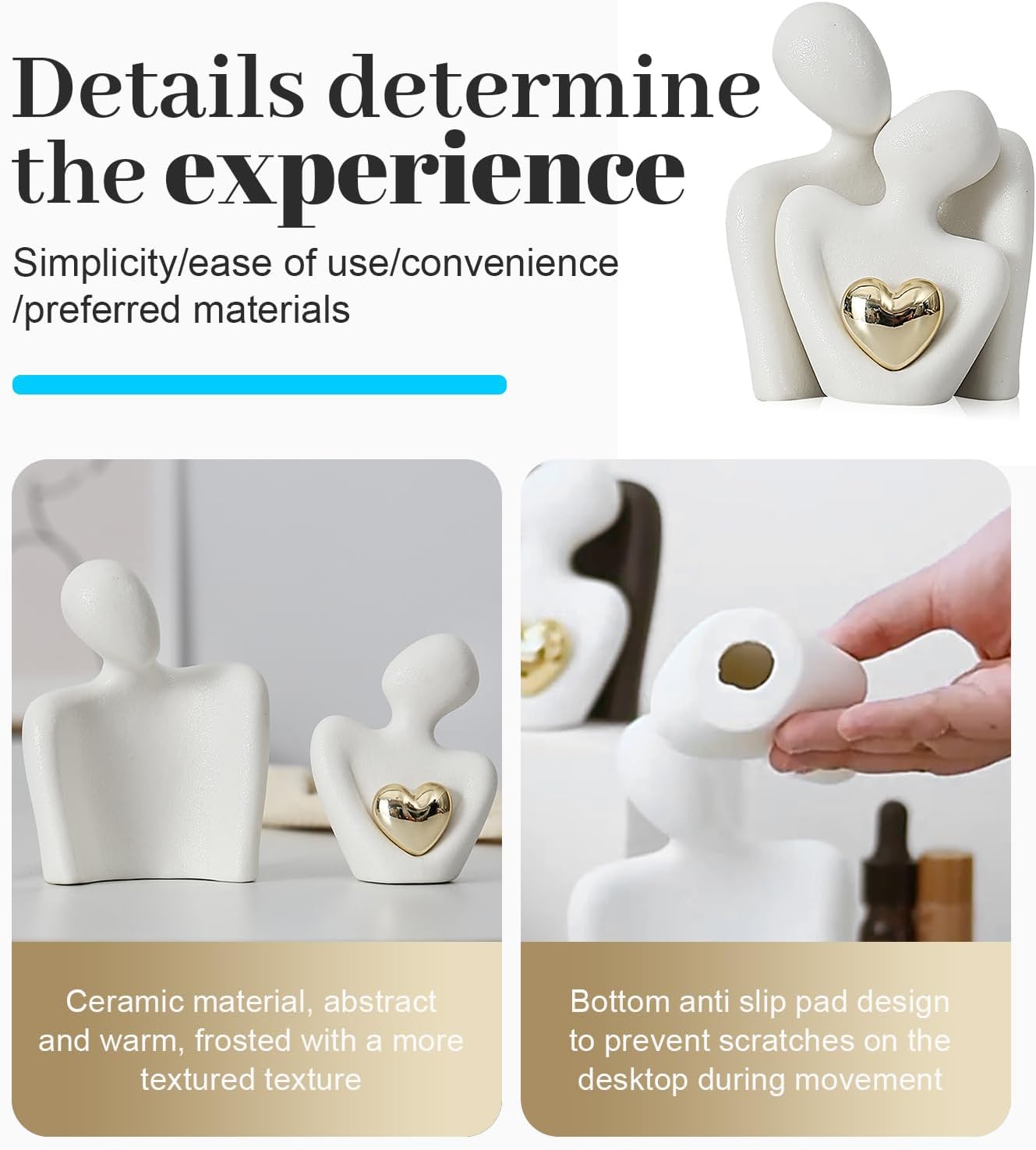 Ceramic Hugging Couple Figurines / White and Gold