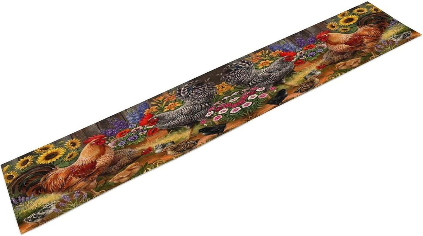 Rooster Table Runner Farm Watercolor Painting Sunflower and Chicken Pattern Printed Linen Table Runner for Home Kitchen