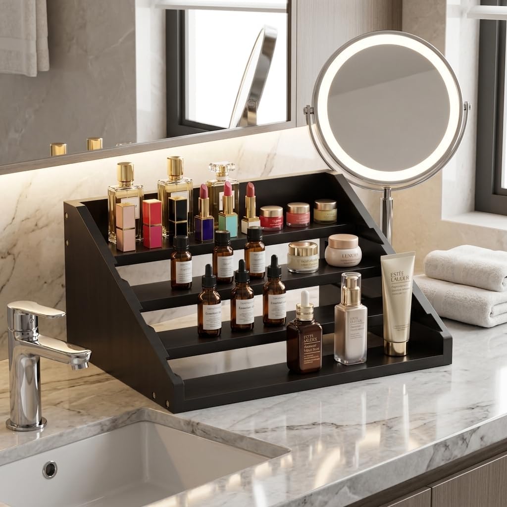 Solid Wood Spice Rack Organizer for Countertop & Cabinet, 4 Tier Adjustable Wooden Spice Shelf with Sliding Track