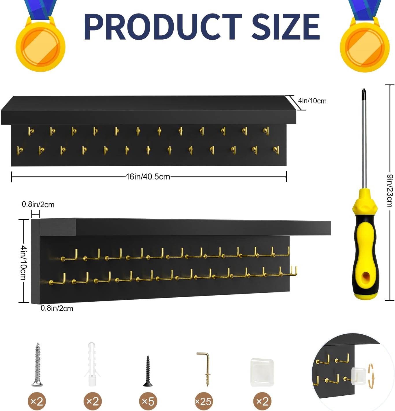 Medal Holder Display Trophy Shelf Organizer, Sturdy Wooden Race Award Hanger Rack with 25 Steel Hooks, Wall Mount