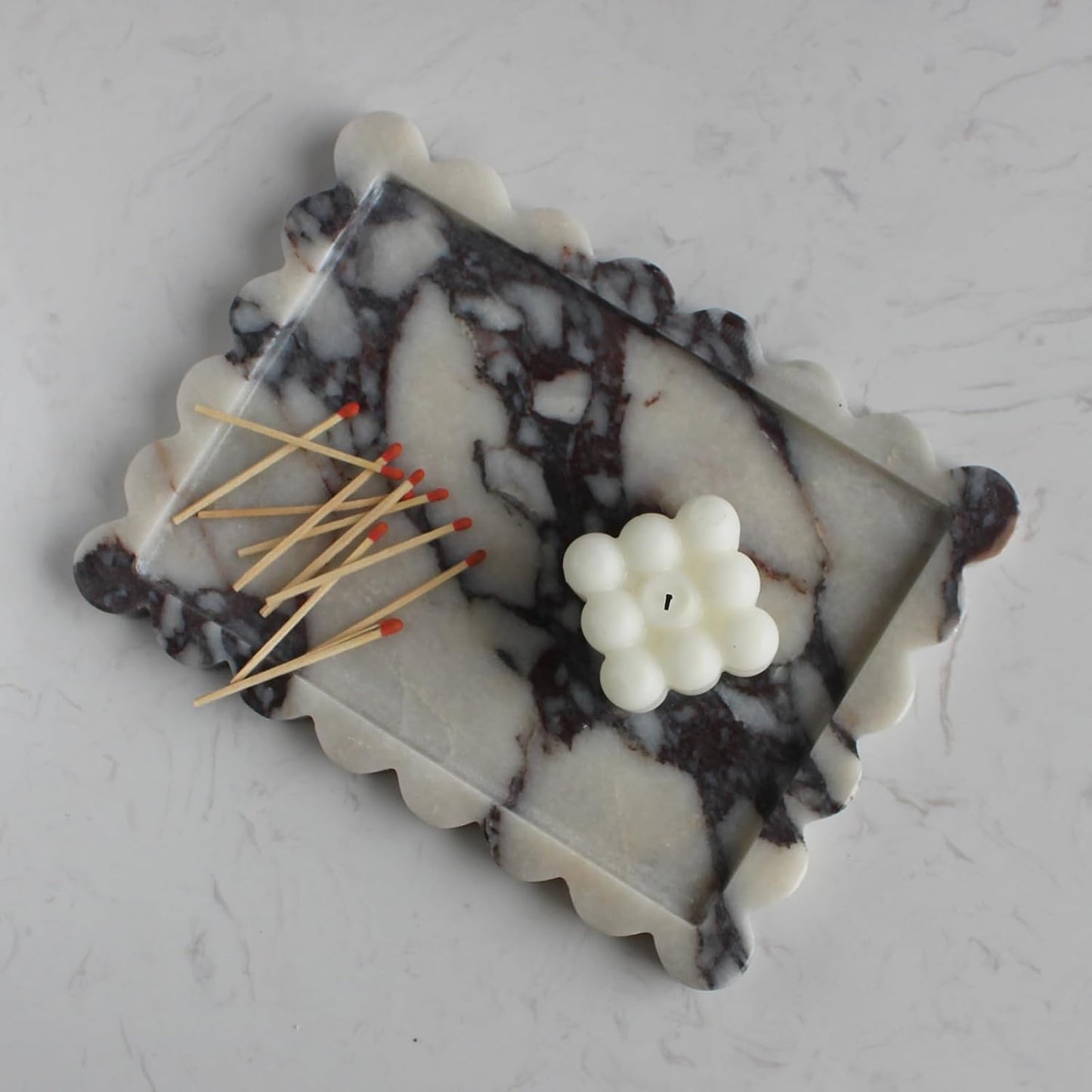 Natural Scalloped Marble Tray / Calacatta Purple / 10.8 x 8