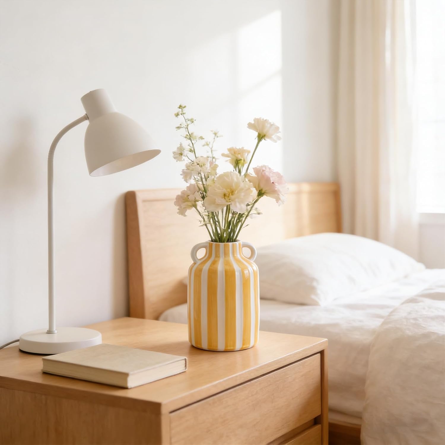Ceramic Striped Checkered Vase / Yellow White