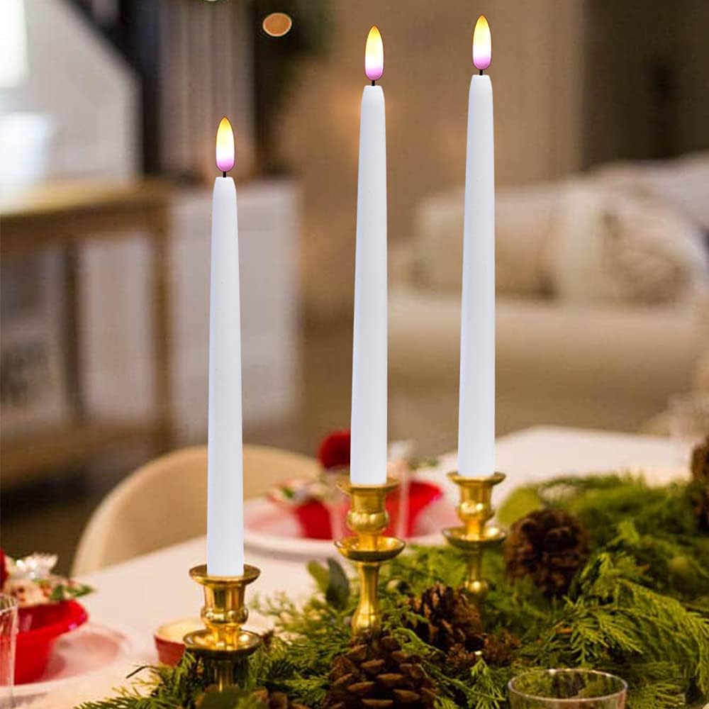 White Flameless Taper Candles Battery Operated Remote Timer 8 Pack | 3D Wick Flickering LED Candlesticks, 400 Hours