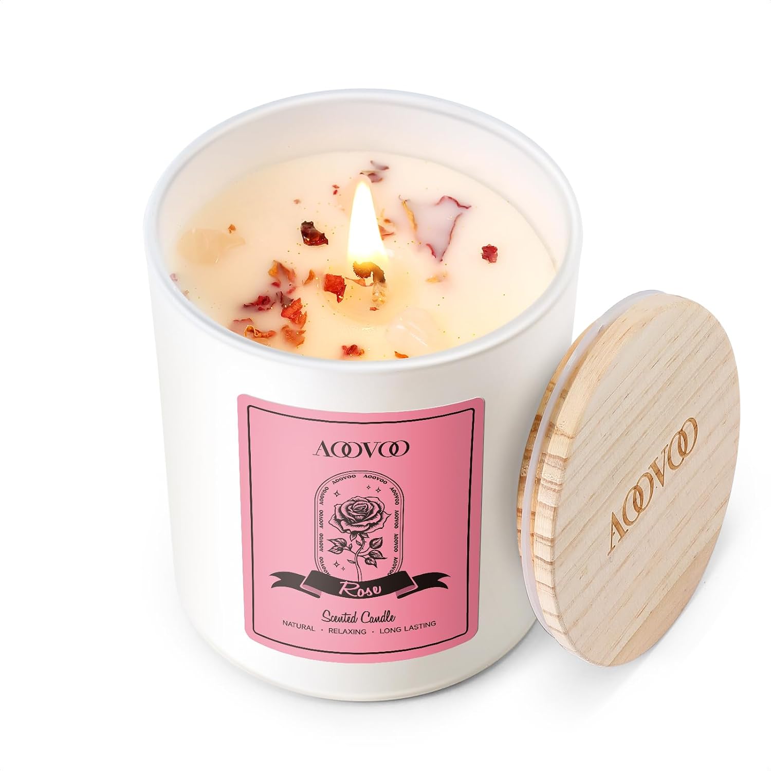 AOOVOO Rose Scented Candles for Women - Aromatherapy Candle with Crystals Inside, 7oz Soy Candles for Home Scented