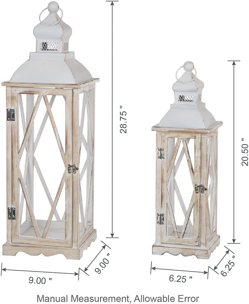 Glitzhome Farmhouse White Wood Metal Lanterns Decorative Hanging Candle Lanterns Set of 2