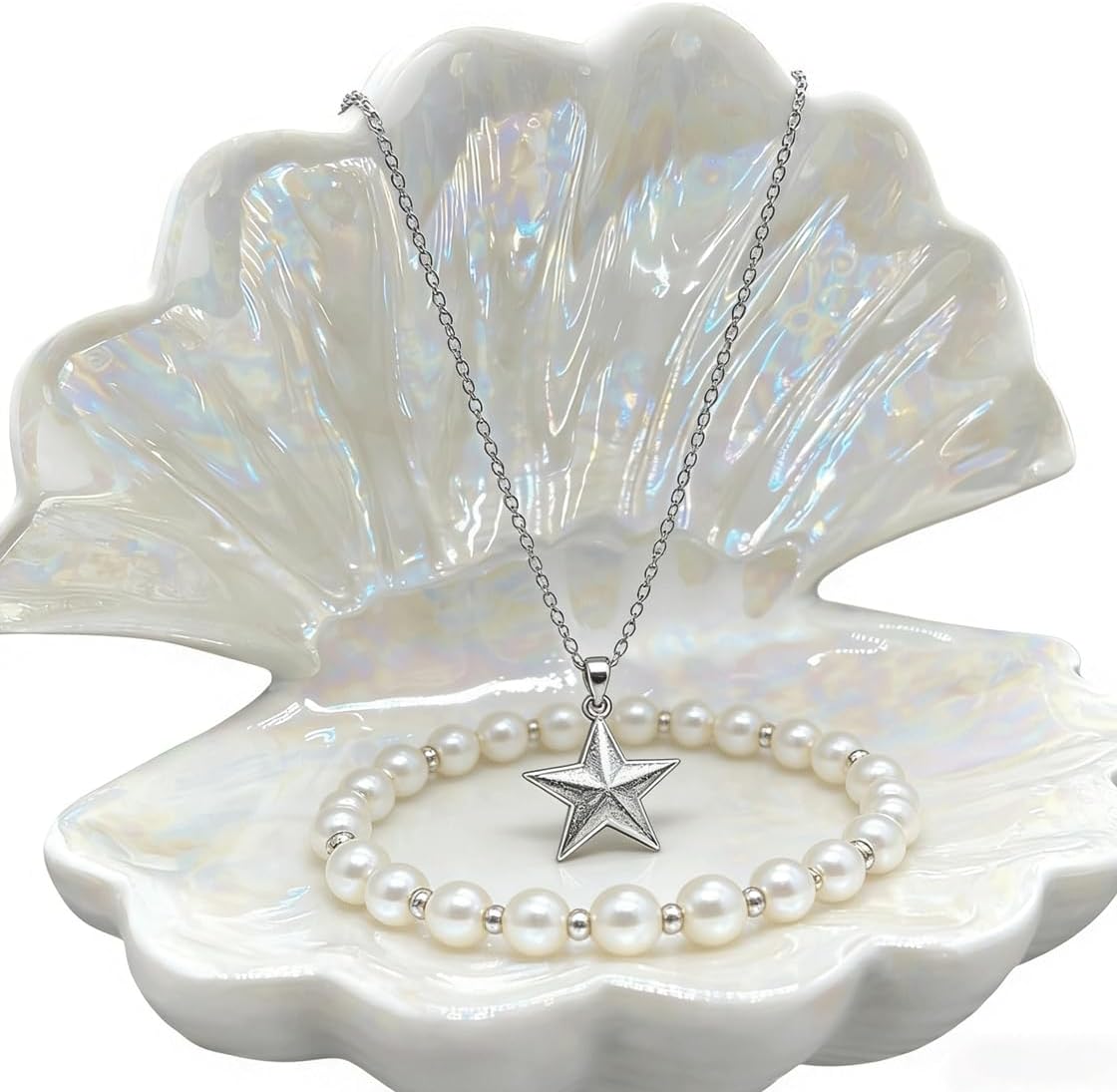 Ceramic Seashell Jewelry Tray Ring Dish / White