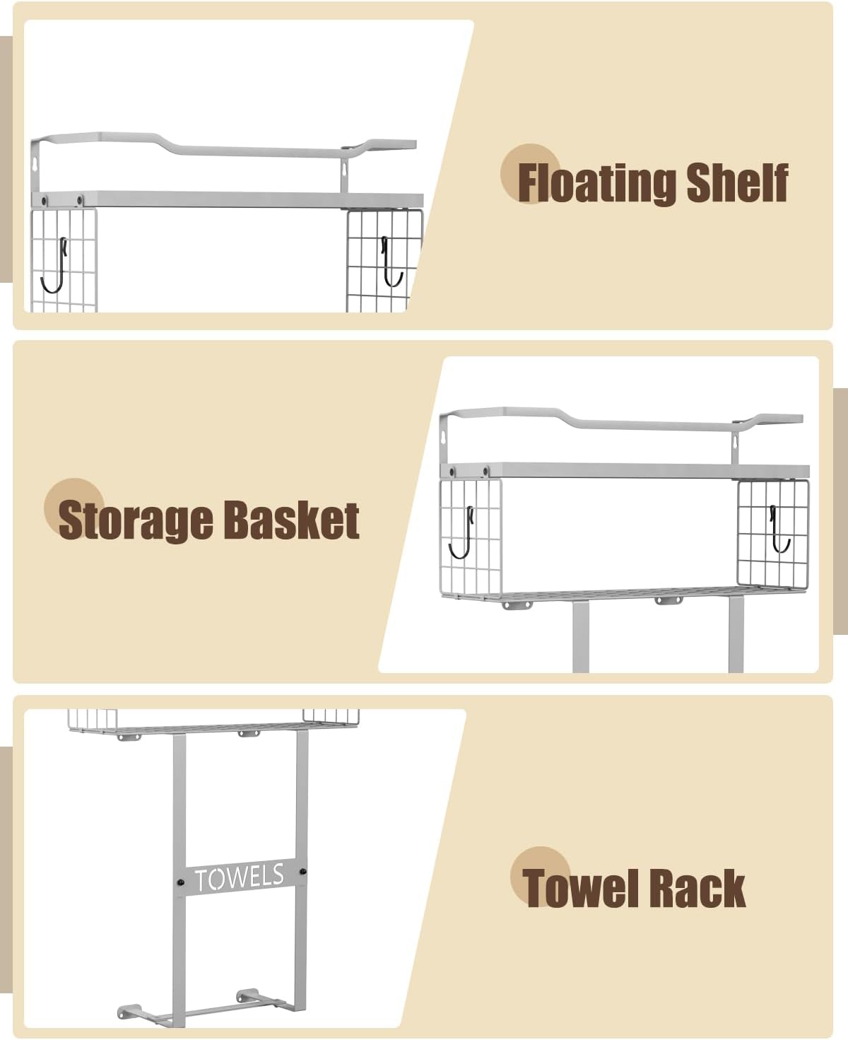 Towel Racks for Bathroom Wall Mounted - Bath Wall Towel Holder Set Above Toilet Storage, Rolled Towel Shelf Organizer