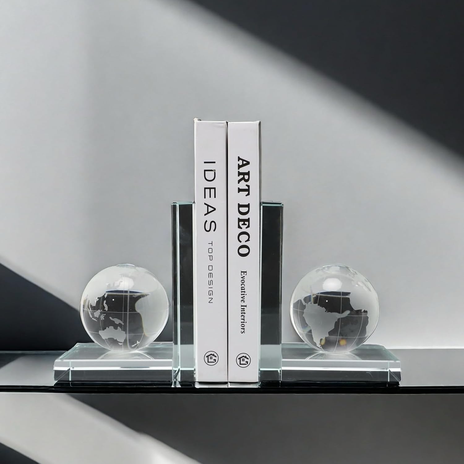 Home Decorative Earth Crystal Bookends for Heavy Book Elegant Glass Bookshelf Room Office Desk Decor