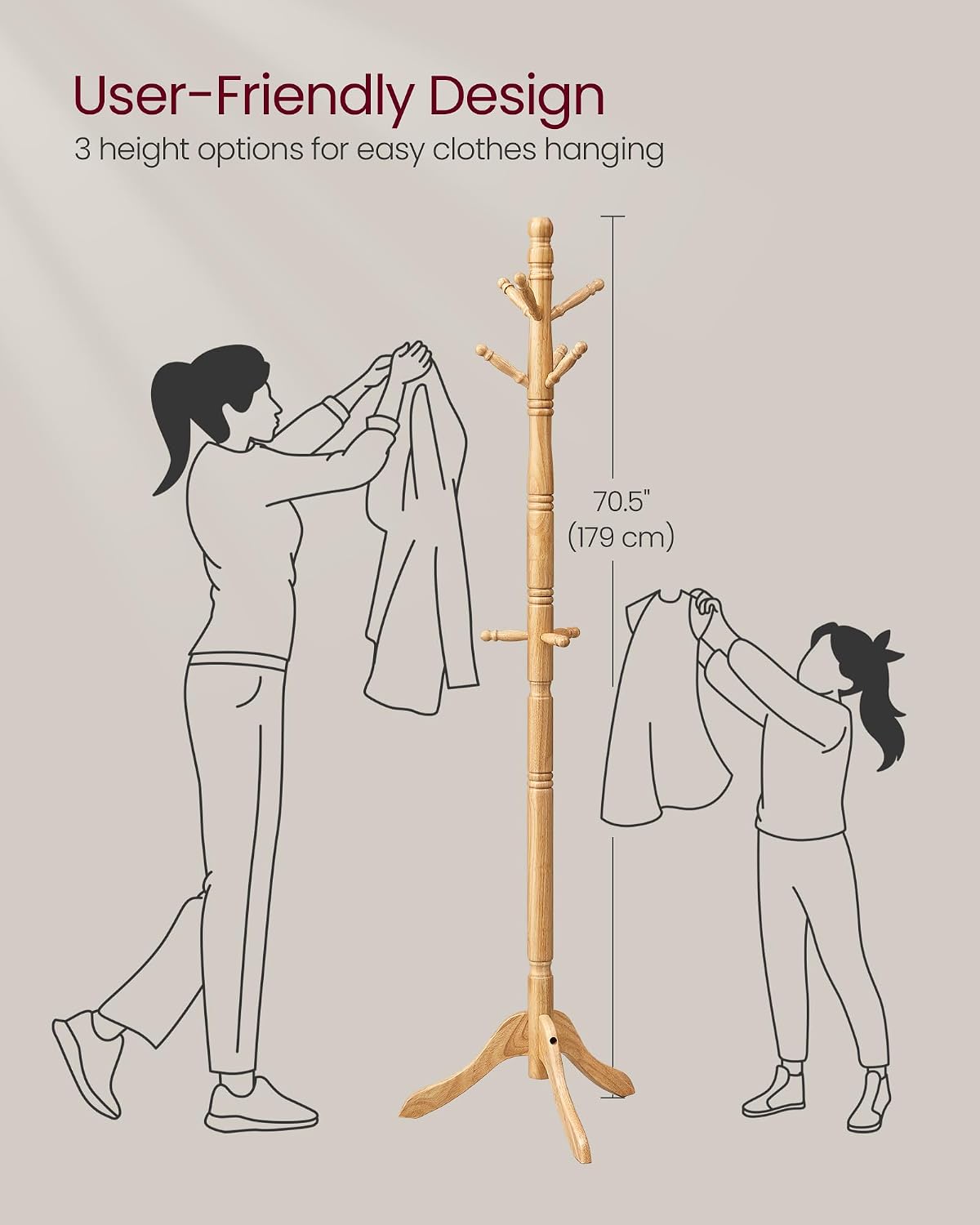 VASAGLE Solid Wood Coat Rack and Stand, Free Standing Hall Coat Tree with 10 Hooks for Hats, Bags, Purses, for