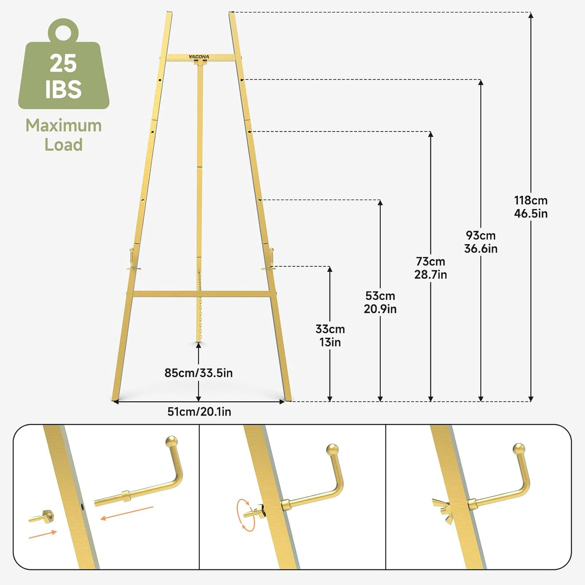 Gold Easel Stand for Sign, 47" Heavy Duty Metal Display Easel | 4-Tier Art Easel with Adjustable Chain, for Painting