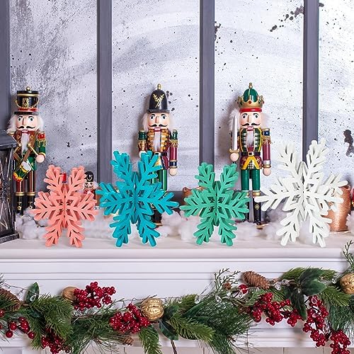 Bucherry 12 Pcs Wooden Snowflakes Table Decor,Pink, Green, Blue, White