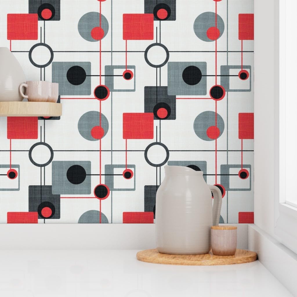 Orbs Squares Black White Vintage Retro Grey Modern Custom Removable Wallpaper / 24 x 72 / Roll / Red