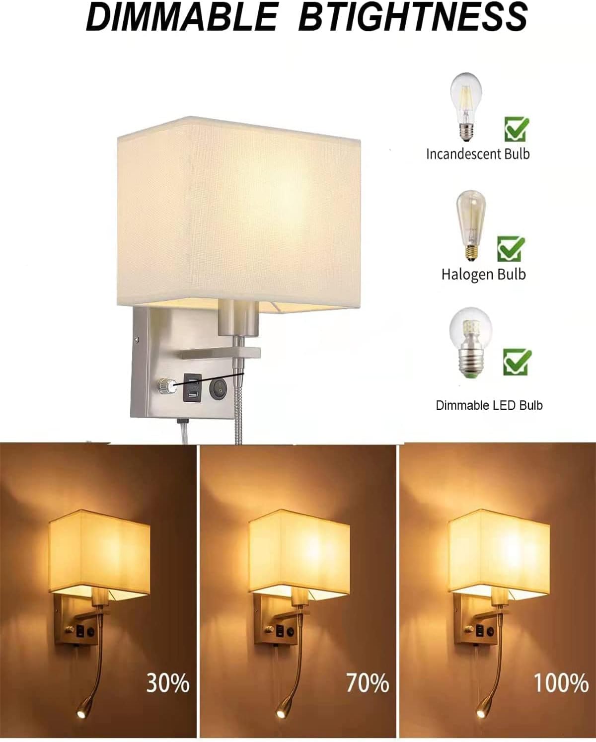 Wall Sconce Plug in Set of 2, Bedside Wall Mount Reading Lights | Bedroom Wall Lighting Fixtures With LED Reading Lamp