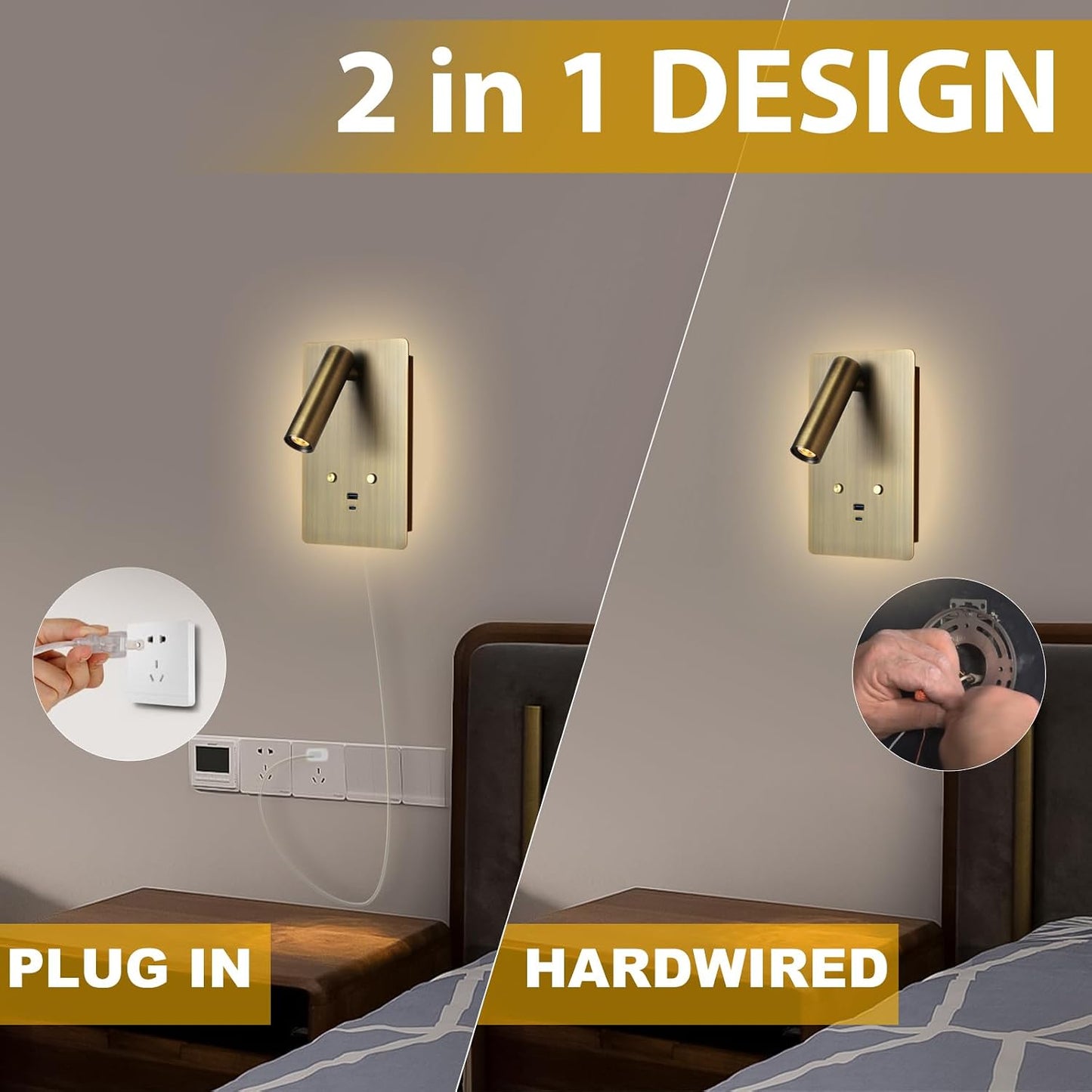 ZEROUNO Wall Mounted Reading Light Set of 2,Dimmable Adjustable Headboard Plug in Wall Sconce with USB A+C Ports,Touch