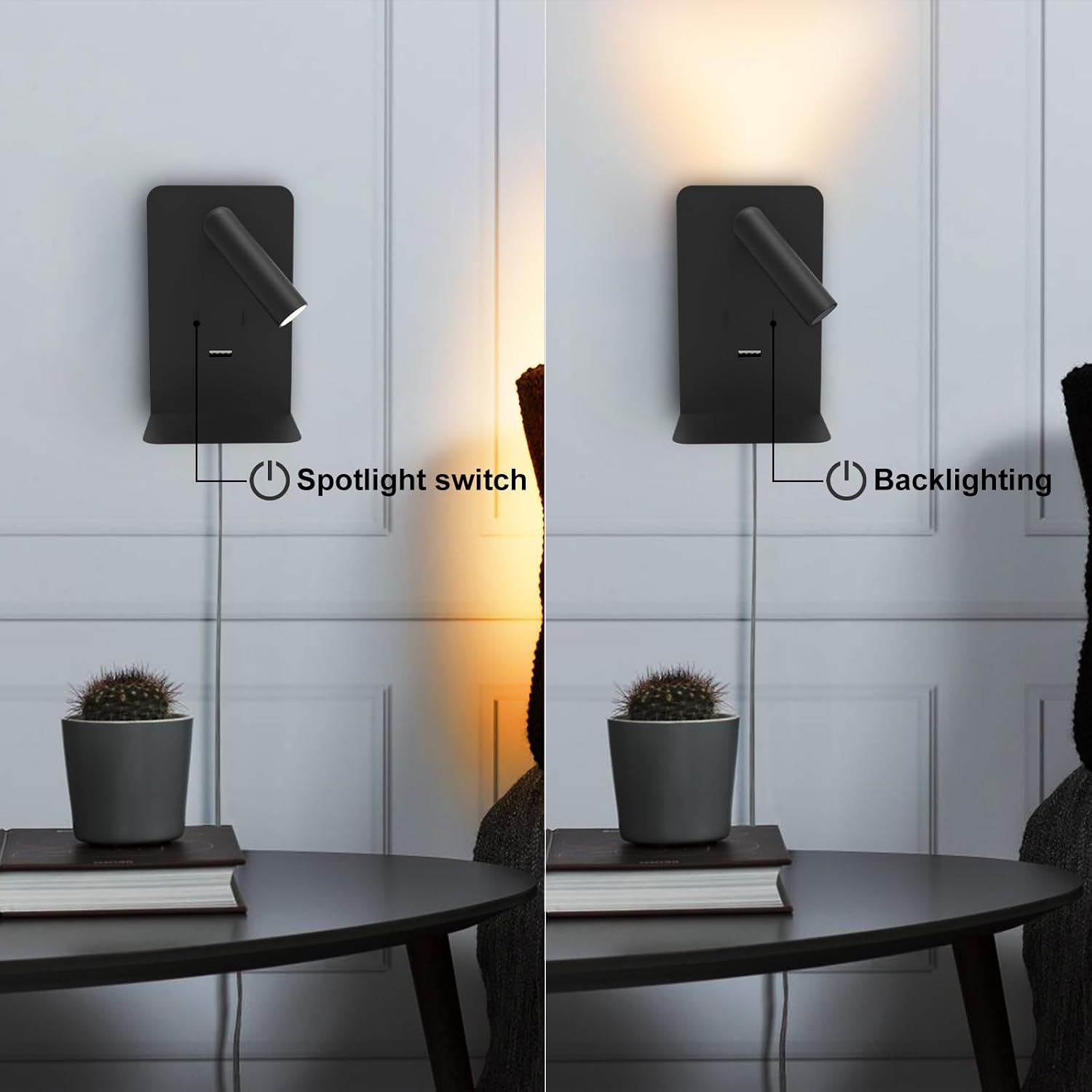 ZEROUNO Plug in Wall Sconce with Switch LED Bedside Lamp Bedroom Wall Mounted Reading Light with USB Port Wall Lighting