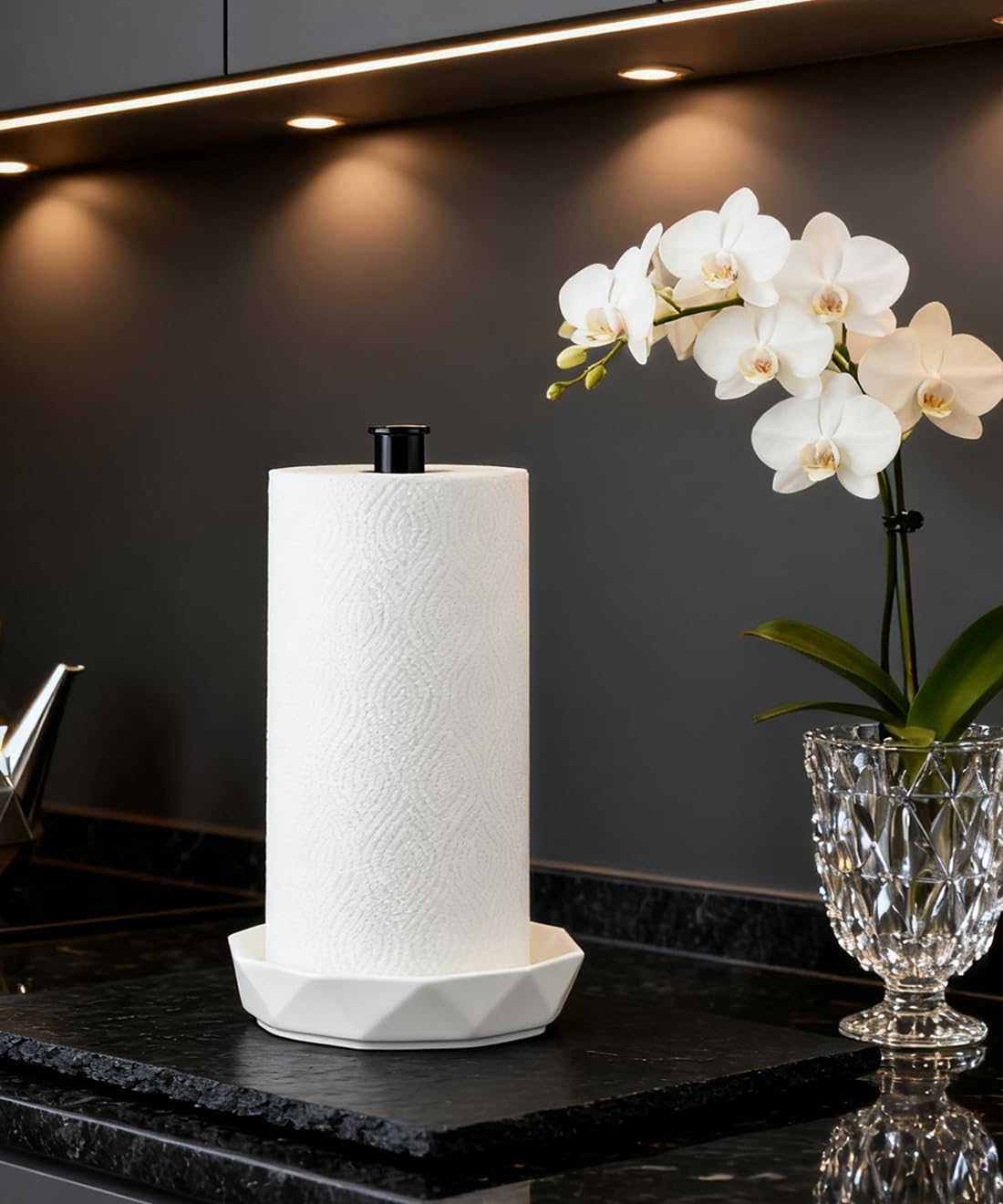 Paper Towel Holder, Ceramic Base Water Resistant, Fits Large Rolls, Black | Easy to Clean and Built to Last,Standing